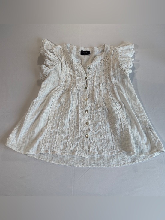 Vici Tops - Vici White Ruffled Lace-Front Button Blouse